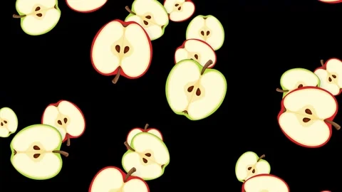 Falling Red and Green Apple Halves on Black Background Animation Stock Footage 344836459