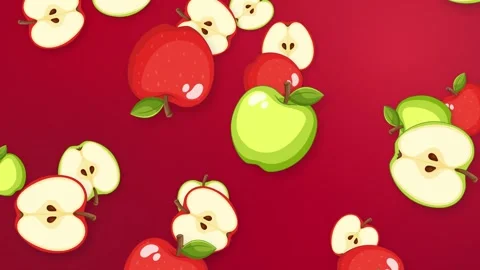 Falling Red and Green Apples with Slices on Red Background Stock Footage 345118043