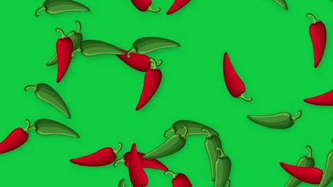 Falling Red and Green Chili Peppers on Solid Green Background Stock Footage 342118686
