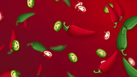 Falling Red and Green Chili Peppers Animation on Vibrant Red Background Stock Footage 342300056