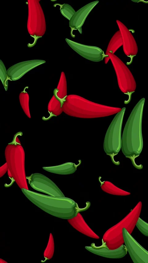 Falling Red and Green Chili Peppers on Black Background Stock Footage 342314880