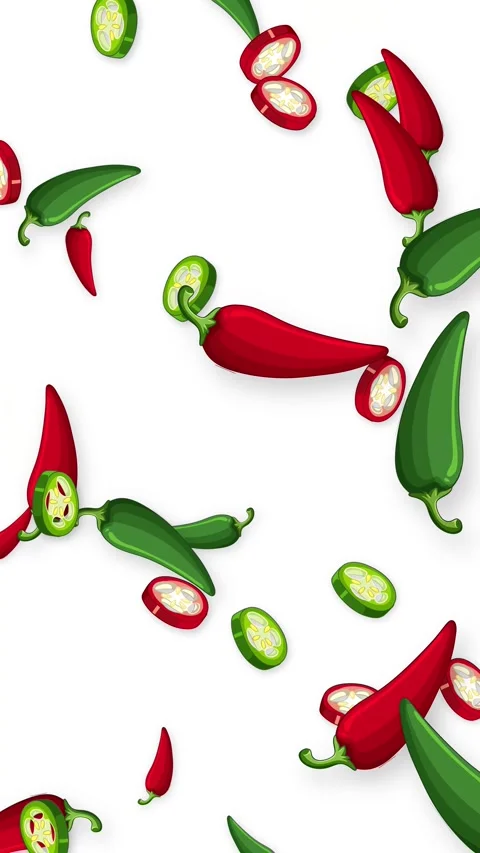 Falling Red and Green Chili Peppers Animation on White Background Stock Footage 342320158