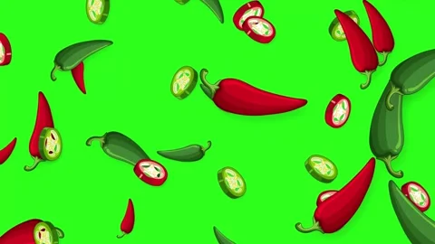 Falling Red and Green Chili Peppers Animation on Green Screen Stock Footage 342470538