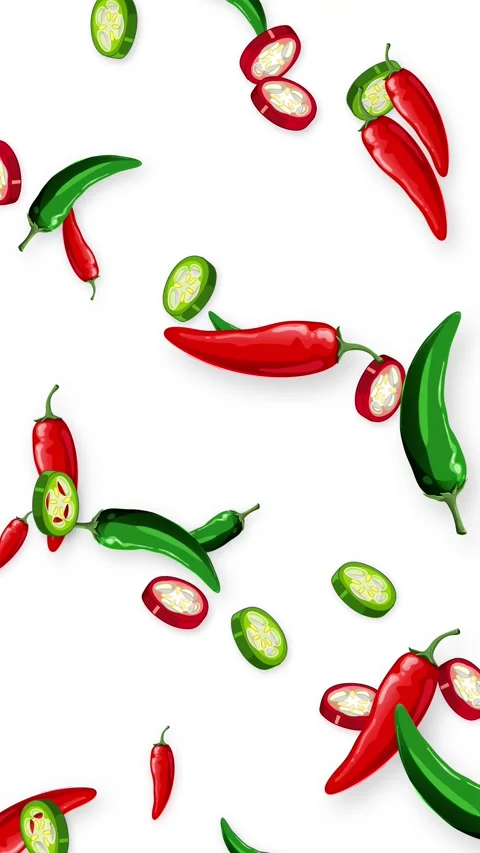 Falling Red and Green Chili Peppers Animation on White Background Stock Footage 342470945