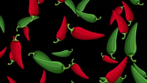 Falling Red and Green Chili Peppers Animation on Black Background Stock Footage 345197644