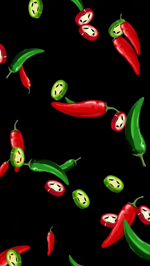 Falling Red and Green Chili Peppers Animation on Black Background Stock Footage 345308197