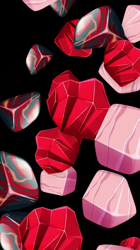 Falling Red and Pink Geometric Stones on Black Background Stock Footage 343831101