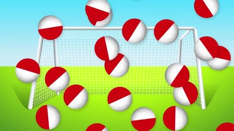 Falling Red and White Soccer Balls Animation Over Goal Background Stock Footage 341378163