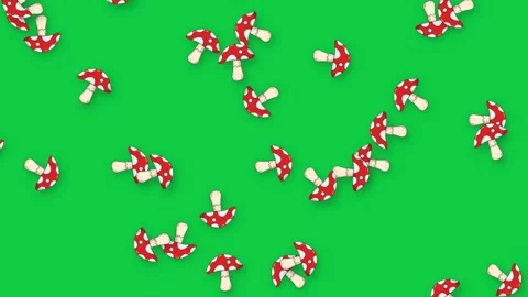 Falling Red and White Spotted Mushrooms on Solid Green Background Stock Footage 342237831