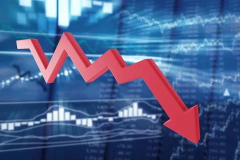 Falling red arrow on blurred of stock quotes Stock Illustration