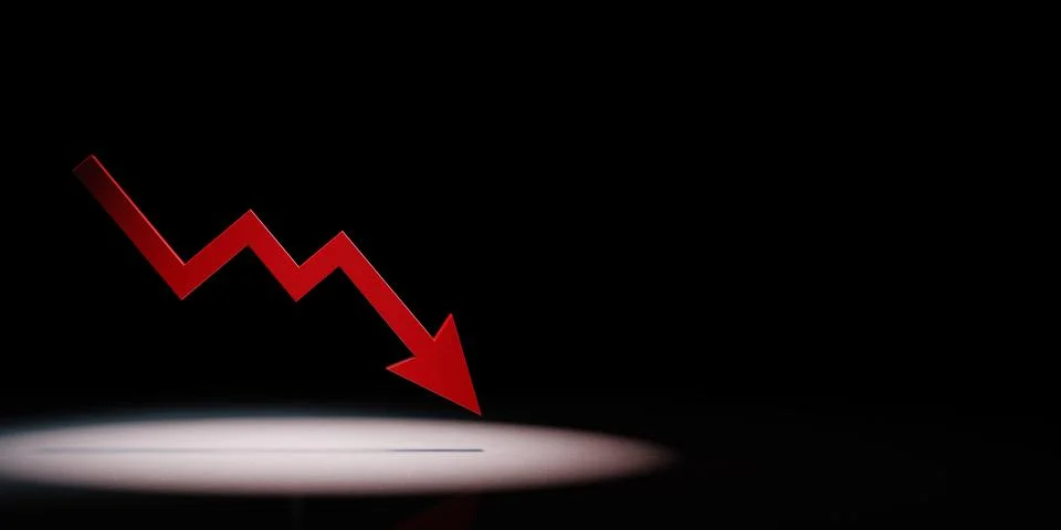 Falling Red Arrow Chart Spotlighted on Black Background with Copy Space 3D Il Stockillustratie