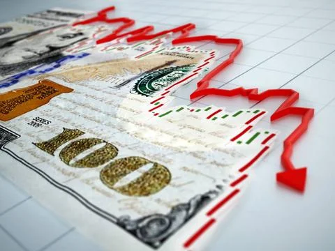 Falling red arrow on Dollar bill. 3D illustration Falling red arrow on Dol... Stock Photos