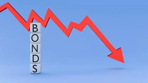 A Falling Red Arrow Impacting a Cracked Floor with "BONDS" Block Lettering Stock Illustration