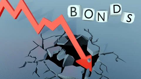 A Falling Red Arrow Impacting a Cracked Floor with "BONDS" Block Lettering Stock Illustration