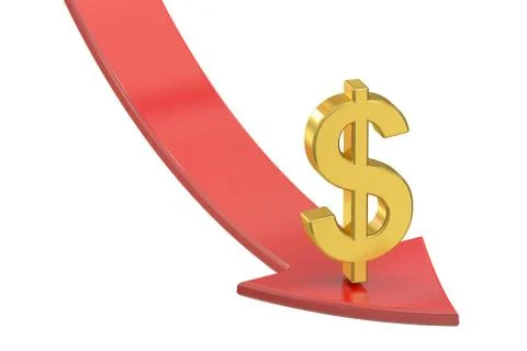 Falling red arrow with symbol of dollar, crisis concept. 3D rendering Stock Illustration