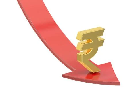 Falling red arrow with symbol of rupee, crisis concept. 3D rendering 库存插图