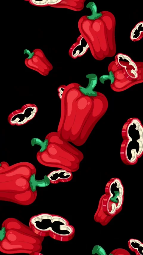 Falling Red Bell Peppers and Slices on Black Background Animation Stock Footage 345317146