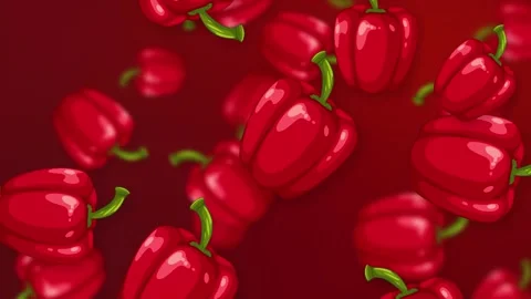 Falling Red Bell Peppers Animation on Dark Red Gradient Background Stock Footage 342218801