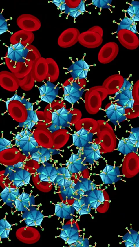 Falling Red Blood Cells and Blue Virus Particles on Black Background Stock Footage 341066842