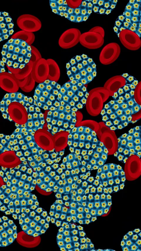 Falling Red Blood Cells and Blue Virus Particles on Black Background Stock Footage 341462070