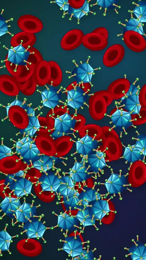 Falling Red Blood Cells and Blue Virus Particles on Dark Mesh Background Stock Footage 341541579