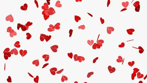 Falling red broken hearts on a white background. 3D render . Stock Illustration