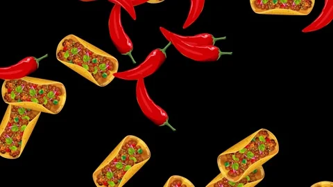 Falling Red Chili Peppers and Tacos on Black Background Animation Stock Footage 340323070