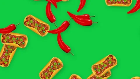Falling Red Chili Peppers and Beef Tacos on Green Screen Background Stock Footage 340968203