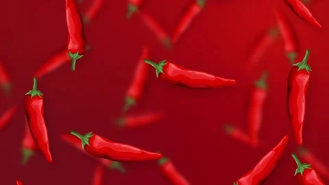 Falling Red Chili Peppers Animation on Vibrant Red Mesh Background Stock Footage 342315784