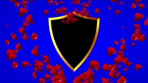 Falling Red Confetti Over A Golden Shield Emblem Against A Vibrant Blue Stock-Footage 339162827