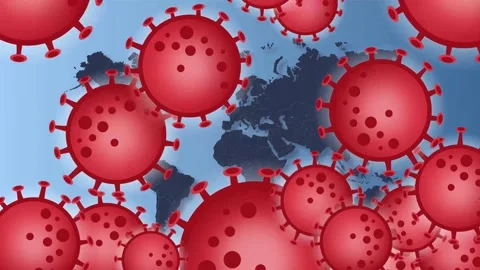 Falling Red Coronavirus Cells on World Map Background Animation. Stock Footage 192498701