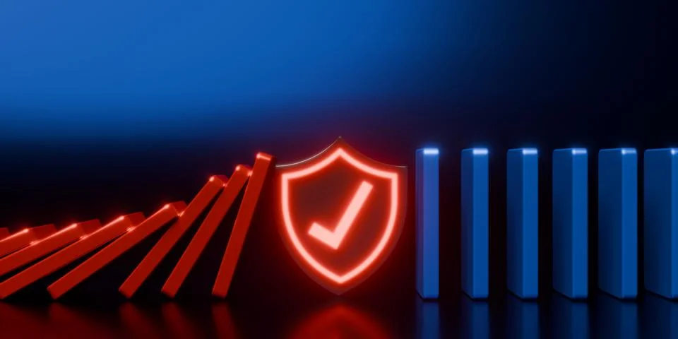 Falling red dominoes stopped by shield with checkmark and standing blue row.. Stock Illustration