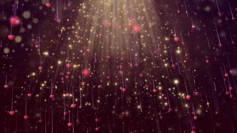 Falling red hearts and golden glitter particles descending through radiant Video stock 343552085