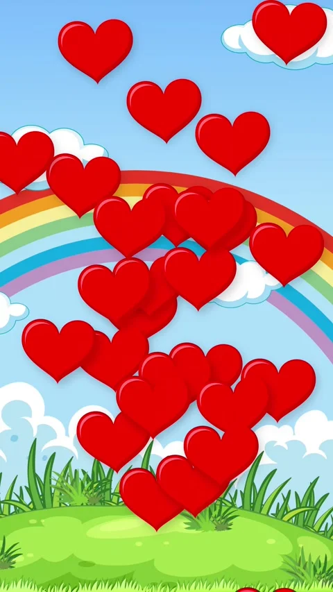 Falling Red Hearts Animation Over Rainbow and Green Meadow Background Stock Footage 341842115