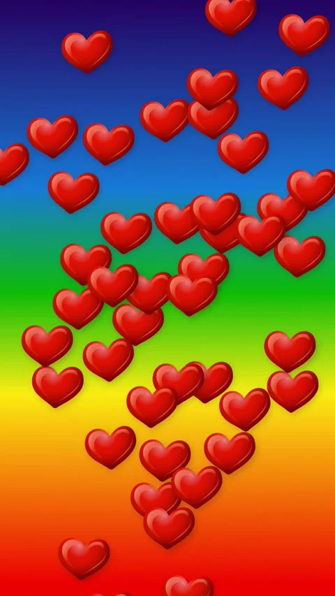 Falling Red Hearts Animation Over Vibrant Rainbow Gradient Background Stock Footage 342100929
