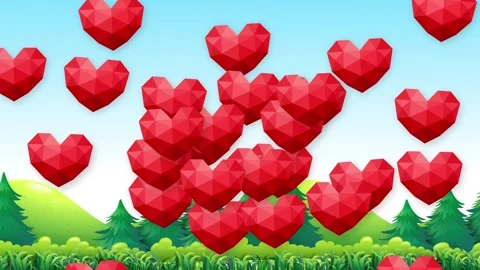 Falling Red Low Poly Hearts Over Cartoon Forest Landscape Animation Stock Footage 341540688