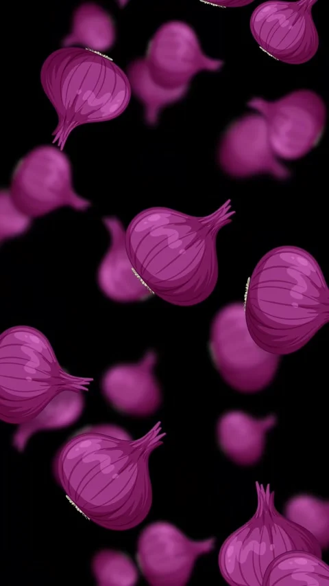 Falling Red Onion Vegetables Animation on Black Background Stock Footage 345301010