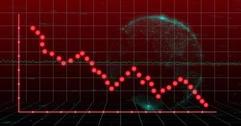 Falling red plot line with markers sliding across 3D grid, with aqua line and Fotos de archivo