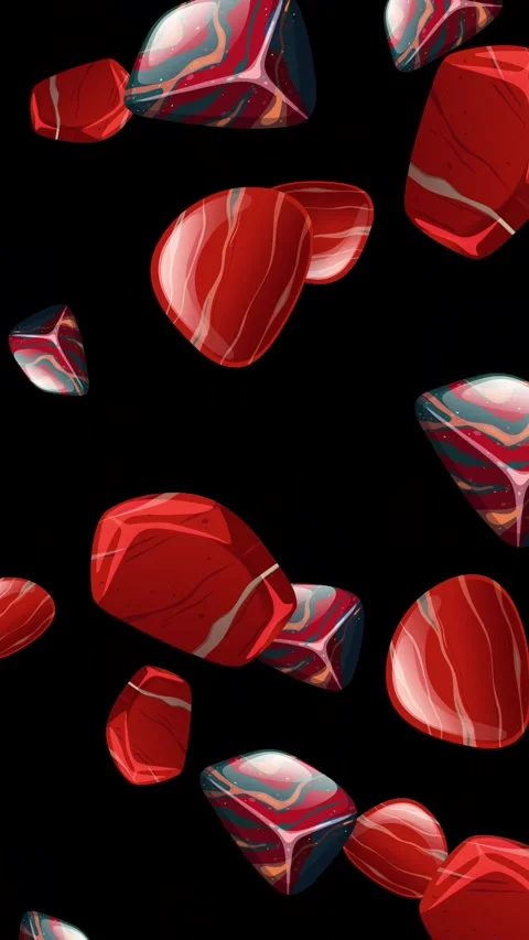 Falling Red Polished Stones and Marbled Gems on Black Background Stock Footage 344848770