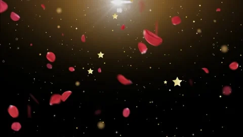 Falling red rose petals and golden stars with spotlight effect on black Vidéo 345499836