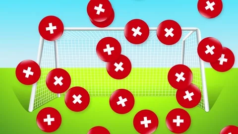 Falling Red Soccer Balls with White Crosses Over Goal Post Stock Footage 341550329