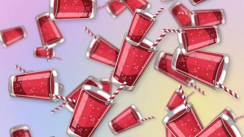 Falling Red Soda Glasses with Straws on Pastel Mesh Background Stock Footage 342467819