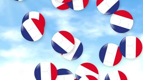 Falling Red White and Blue Soccer Balls Against Cloudy Sky Stock Footage 341549992