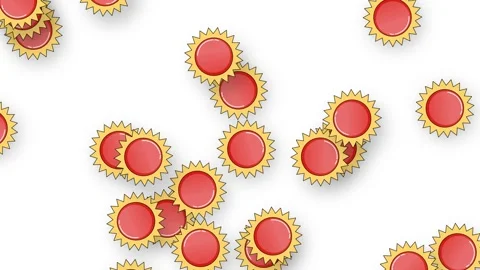 Falling Retro Red and Gold Starburst Bottle Caps on White Background Stock Footage 339754072