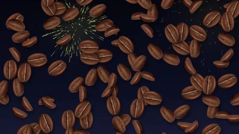 Falling Roasted Coffee Beans Animation with Colorful Fireworks Background Stock Footage 344831567
