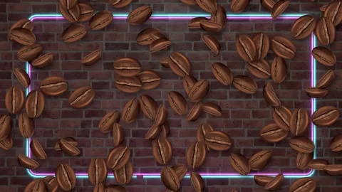 Falling Roasted Coffee Beans Over Neon Frame and Brick Wall Stock Footage 344622787