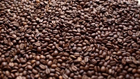 Falling roasted coffee beans. Overall plan. Stock Footage 193698355