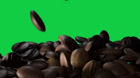 Falling roasted coffee beans striking pile on transparent background, bouncing, Видео 337506426