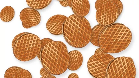 Falling Round Waffle Cookies Animation on White Background Stock Footage 342316189