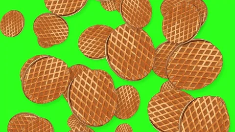 Falling Round Waffle Cookies Animation on Green Screen Background Stock Footage 345208520